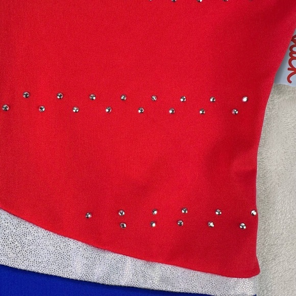 NWT Girls Red Blue Rhinestone Silver Wave Colorblock Tank Biketard Leotard XL 14 - Picture 5 of 10